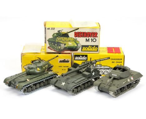 Solido military group of 3 Tanks (1) 202 Patton - green, (2) 219 Chasseur M41 - drab dark green and (3) 232 Destroyer M10 - g