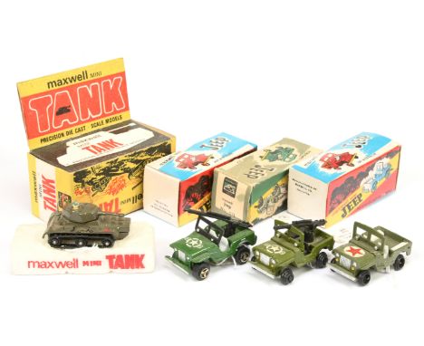 Maxwell/Milton Toys (India) a group 4 of smaller scale issues - Tank and 3 x Jeeps some with canons - See-Photo - conditions 