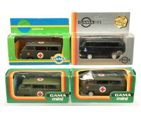 Gama Military group of 4 Volkswagen Kombi - (1) "Ambulance" green with blue roof light and pale grey plastic hubs, (2) same b