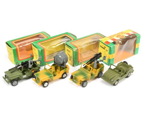 Gama Military Jeeps group of 4 (1)&nbsp; green including hubs, (2) with searchlight&nbsp; camouflage and chrome spun hubs, (3