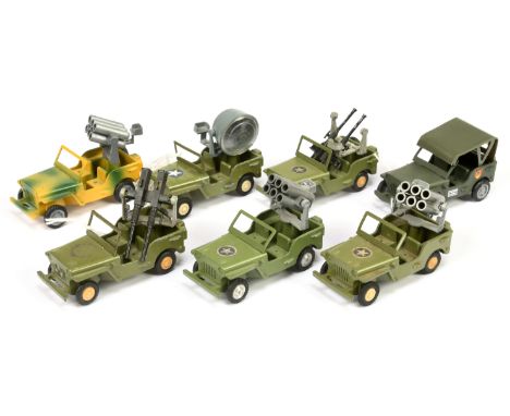 Gama Military group of 7 unboxed Jeeps to include with searchlight and rocket launcher&nbsp; plus others - conditions are gen