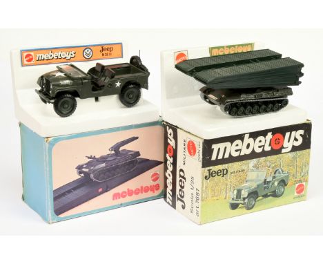 Mebetoys (1/55th) scale military pair (1) 7677 Leopard Bridge Layer and (2) 7687 Jeep - conditions are generally Excellent to