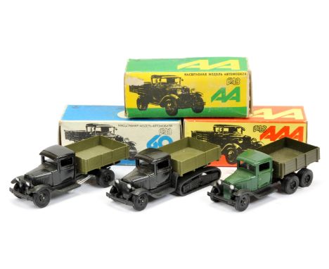 Russian made group 3 of military (1/43rd) scale open back trucks -(1) green cab with military green back, (2) black cab and m