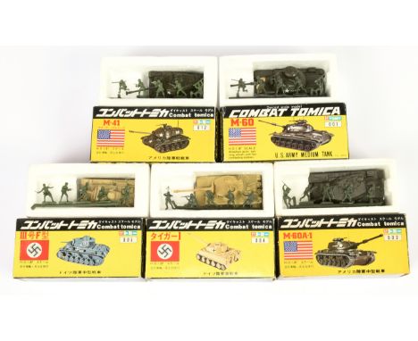 Tomica (Tomy) Military group of 5 (1/87th) scale Tanks to include - US light tank, US Medium Tank plus others - conditions ar