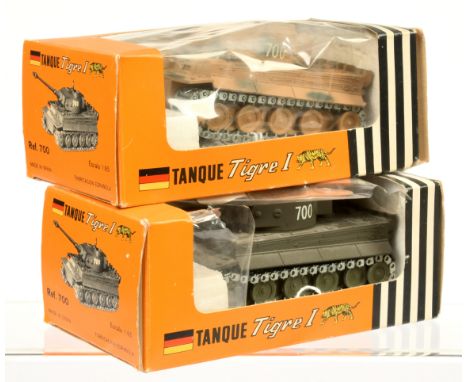 Pilen (Spain) Military a pair of Tanks (1) Tiger tank - camouflage beige/green with metal tracks and (2) same but drab greyis