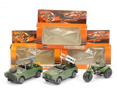 Mercury&nbsp; Military group to include (1) 214 Fiat Jeep with rocket launcher - green, (2) 213 another with gun and (3) 215 