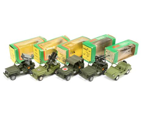Gama Military Jeeps group of 5 to include 9047 "Ambulance", 910 Rocket Launcher plus others - conditions are generally Excell