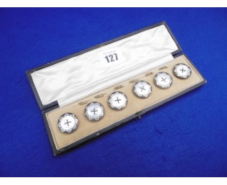 A SET OF SIX EDWARDIAN BOXED MOTHER OF PEARL AND ENAMEL BUTTONS