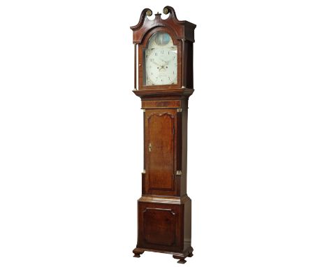 Early 19th century mahogany banded oak and inlaid longcase clock, arched 18.5in enamel dial with subsidiary second and date a