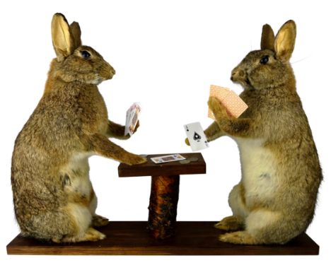 Taxidermy - Card playing Rabbits, on rustic base, W55cm H42cm    Condition Report   Click here for further images, condition,