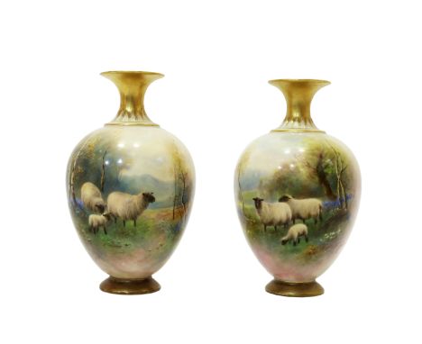 Pair of Royal Worcester porcelain ovoid vases, each painted with three Sheep in a wooded meadow and signed H Davis, the rever