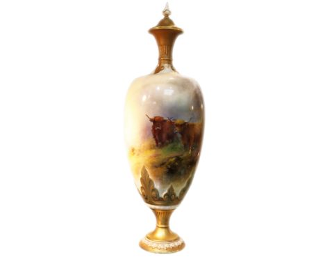 Royal Worcester porcelain pedestal vase and cover, painted with two Highland cattle in a landscape and signed by H Stinton, t