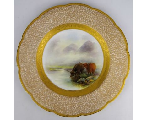 Royal Worcester porcelain cabinet plate, painted with two Highland cattle in a landscape and signed by J Stinton within gilt 