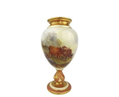 Small Royal Worcester porcelain ovoid pedestal vase, painted with two Highland cattle in a landscape and signed by H Stinton,