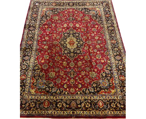 Persian Meshed plum red ground rug carpet, floral design with medallion, 400cm x 300cm   Condition Report   Click here for fu