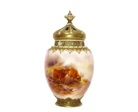 Royal Worcester porcelain ovoid pot-pourri vase, painted with two Highland cattle in a landscape and signed by John Stinton, 