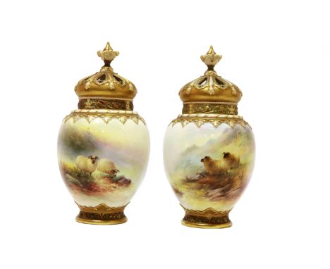 Pair of Royal Worcester porcelain ovoid pot-pourri vases, each painted with two Sheep in a landscape and signed H Davis, the 