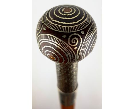 Malacca walking cane, hardwood ball handle inlaid with geometric metal stringing and dotwork, silver collar dated London 1919