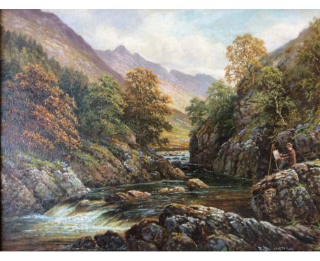 ALBERT DUNINGTON (1860 - c.1928) Framed, signed, oil on canvas, showing an artist with easel painting on boulder, in a mounta