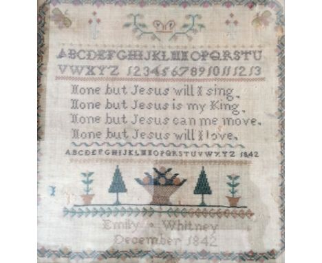 Three framed, signed, woven samplers by Emily Whitney (1842, 33.4cm x 31.5cm), Alice Chippendale (1813, 37.8cm x 29.8cm), and