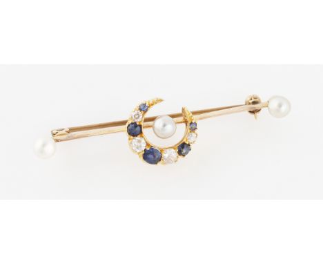 A sapphire, diamond and pearl crescent bar brooch, the central crescent set with alternating graduated round cut sapphires an