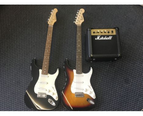 A Squires by Fender electric guitar with an Aria electric guitar and a Marshall portable amplifier.