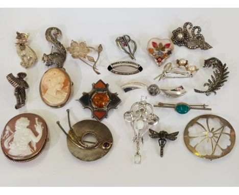 A collection of brooches, to include, cameos, a Scottish agate and paste example, various marcasite set examples, an Edwardia