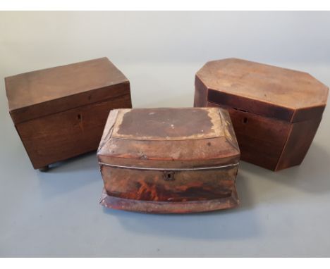 Two Georgian mahogany veneered tea caddy boxes, no interiors and a turtle shell tea caddy.