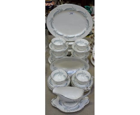 A Paragon Blue Grass pattern part dinner and tea service, including meat plate, vegetable dish, sauce boat, dinner, side and 