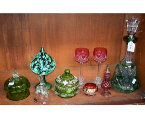 Glassware - a green flashed glass decanter; a Jack in the Pulpit vase; Victorian green glass jars; ruby glass hock glasses; e