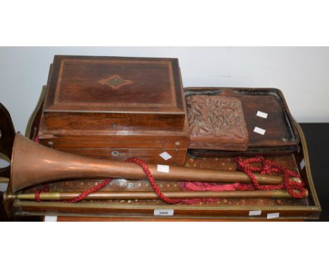 A mahogany two handled galleried tray, inlaid in the Persian taste with copper and brass leaves and scrolls; a copper hunting