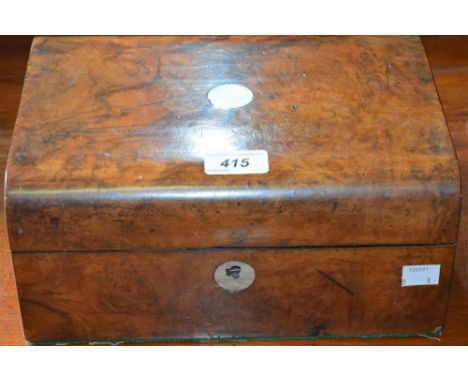 A burr walnut sewing box inlaid with mother of pearl, purple leather interior 