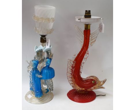 A Murano glass table lamp, as a courting couple, blue, clear and gold flecked glass; another, as a leaping fish, red glass (2