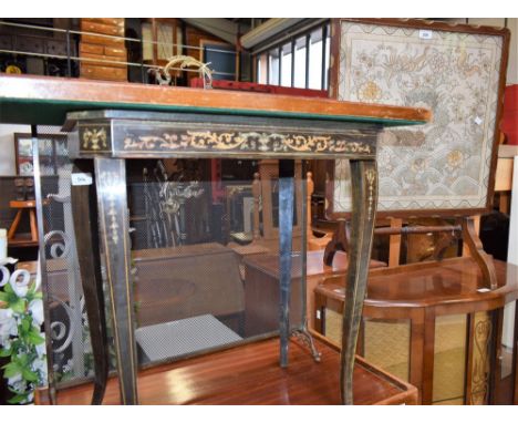 Baurais Patent folding table; a Silverdale table tray; brass fire screen; an Italian marquetry musical table (4)