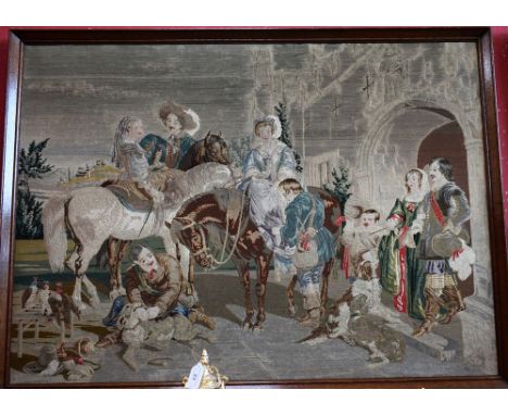 A 19th century needlepoint panel, depicting Cavaliers and ladies, 93cm x 129cm; another smaller woven panel (2)
