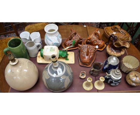 Ceramics - a trio of bulls head cheese/butter dishes; stoneware pottery lamp bases; game dish and cover; advertising jugs; et