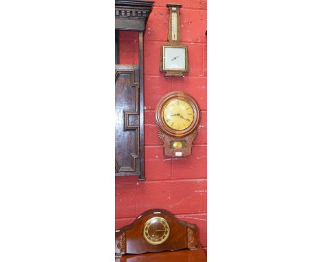 A Garrards chiming carved oak cased mantel clock, Arabic numerals, five bar bell chiming movement;  a wall clock;  a baromete