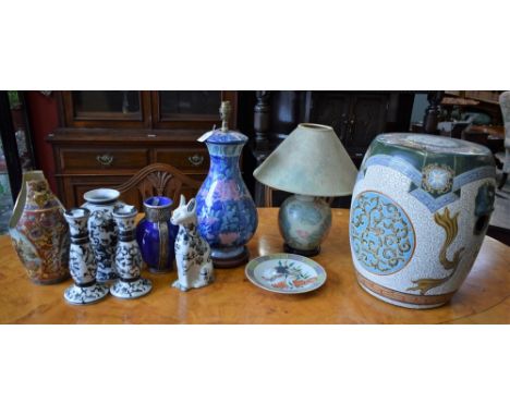 Ceramics - a large Chinese barrel seat/plant stand; a vase, vase and candlesticks suite, table lamp; etc (10)