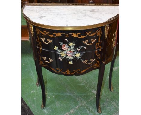 A Louis XV style commode/side table, of small proportions,  shallow pierced gallery above two drawers, decorated throughout w