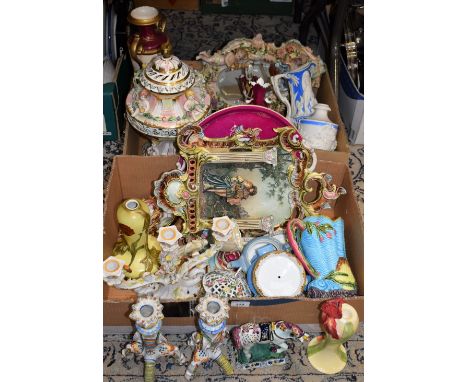 Victorian and Continental decorative ceramics, including a relief molded jug, Parian and Jasperware, Rouen faience candlestic