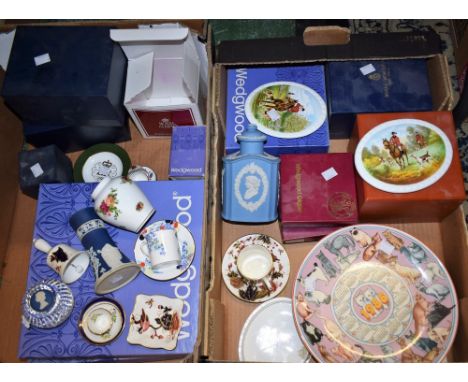 Ceramics - Royal Worcester commemorative cups and saucers, boxed; Wedgwood jasperware, Jaffe Rose glass paperweight; Coalport