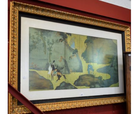 A large Chinese six panel picture, with landscape and figures, 49cm x 101cm, framed in ornate gilt frame, approx 82cm x 134cm