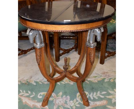 A Louis XV style guéridon/side table, circular marble top, Equus ferus capped X-frame support centred by a twisted spire fini