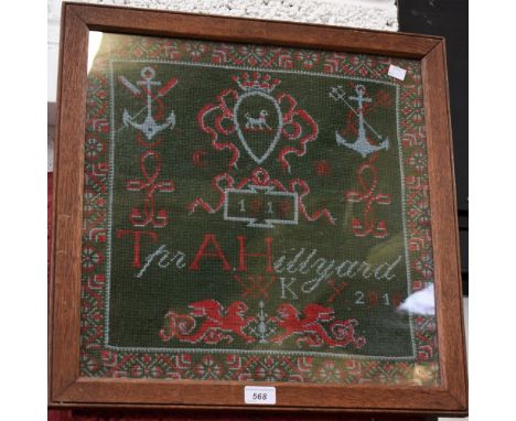A woolwork sampler, commemorating Trooper A Hillyard, 1919