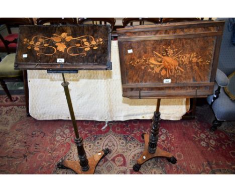 A 'Victorian' walnut and mahogany music stand, the plateau inlaid with a musical trophy; another (2) 