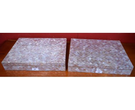 A pair of mother-of-pearl/abalone inlaid boxes, removable covers, 36.5cm wide
