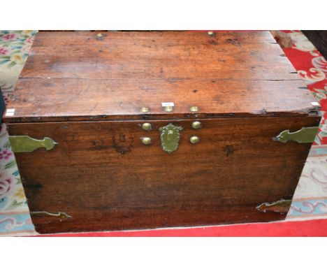 A 19th century oak brass bound campaign type chest/trunk, carry handles to sides, 103cm wide excluding handles