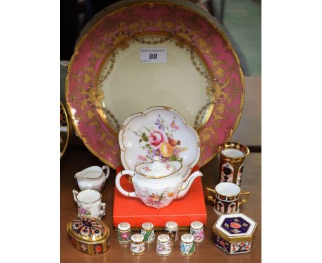 A Royal Crown Derby 1128 pattern miniature cylindrical footed vase; a similar miniature loving cup; another, Posies pattern; 