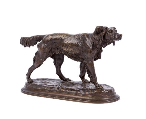 MOIGNIEZ, JULES (1835-1894), "Stehender Setter", Bronze, brauntonig patiniert, naturalistische Tierfigur auf ovalem Landschaf