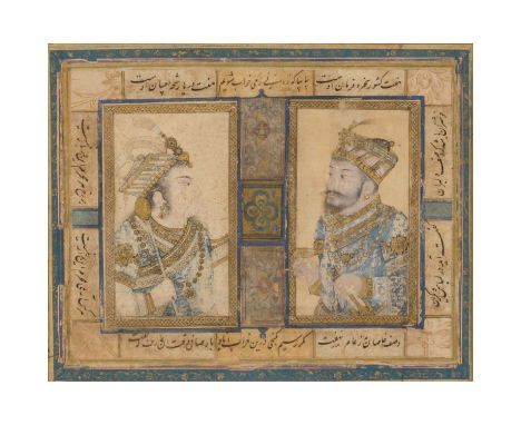 Miniatur Doppel-Portrait zweier Herscher. INDIEN/PERSIEN, 17. Jh. Leichte Farben und Gold auf Papier, umlaufend mit schwarzer